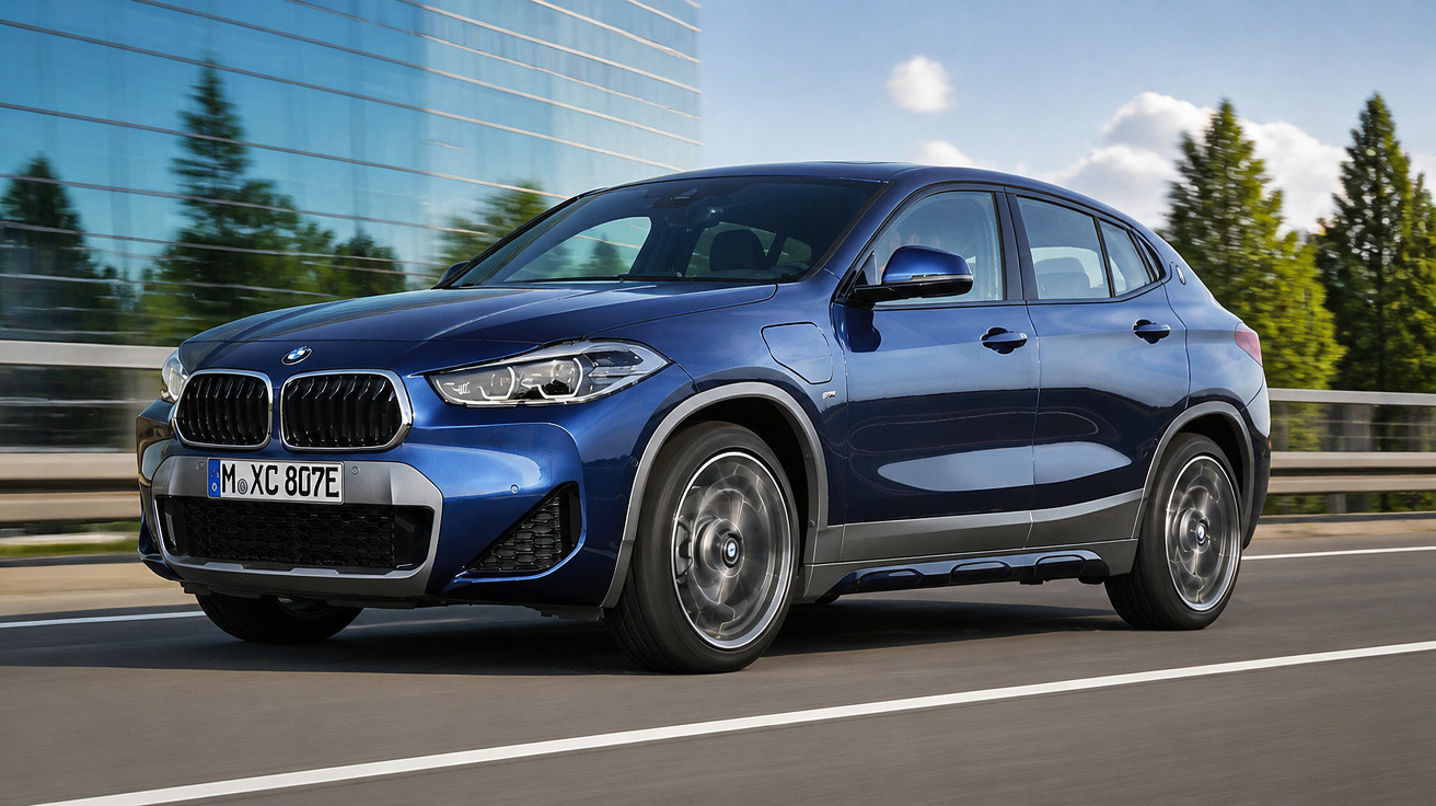 Carro SUV azul em movimento na estrada ao lado de edifício de vidro e árvores ao fundo.