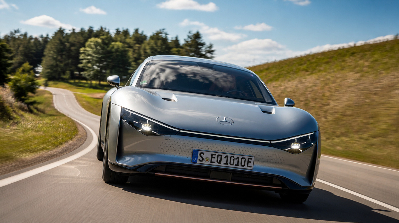 Carro elétrico Mercedes-Benz prateado em estrada sinuosa com árvores e céu azul ao fundo.
