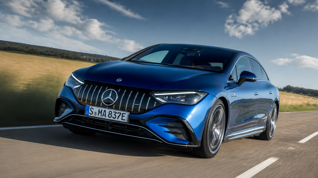 Carro esportivo azul Mercedes-Benz em movimento em estrada com campo e céu ao fundo.