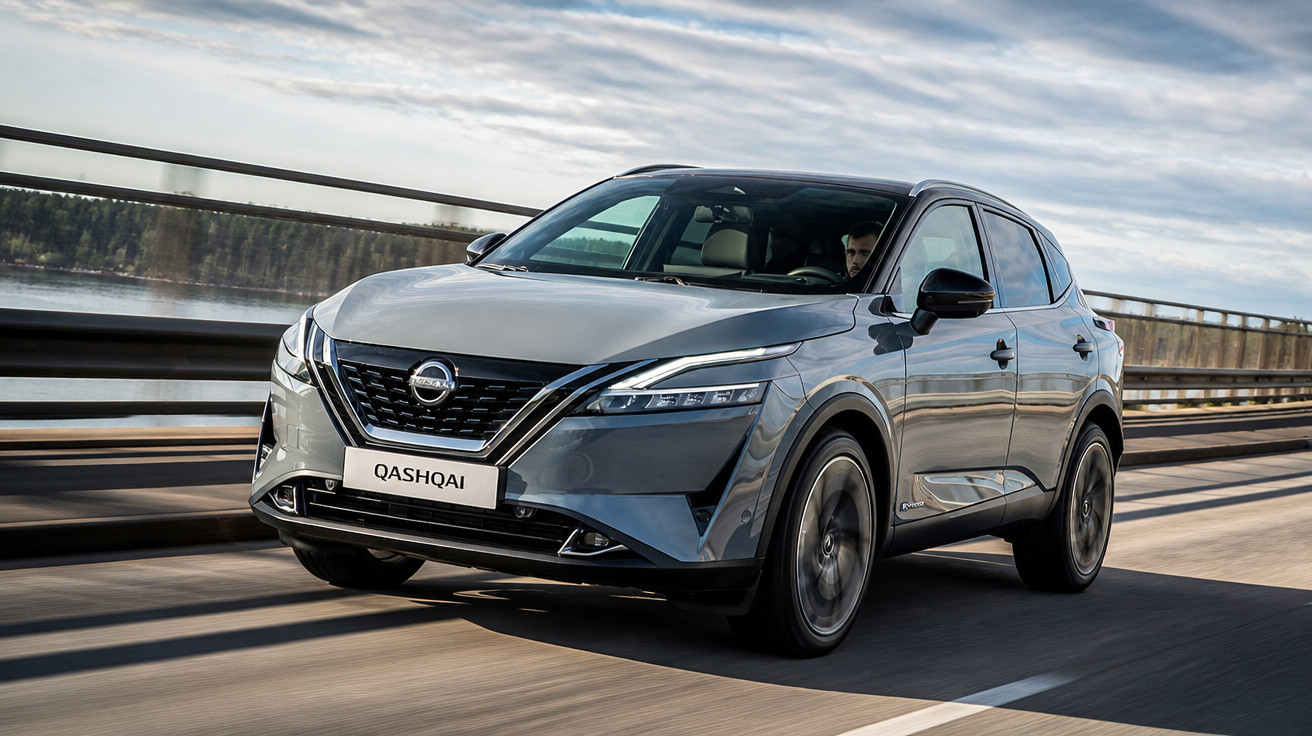 SUV Nissan Qashqai cinza em movimento numa estrada com paisagem ao fundo em dia nublado.
