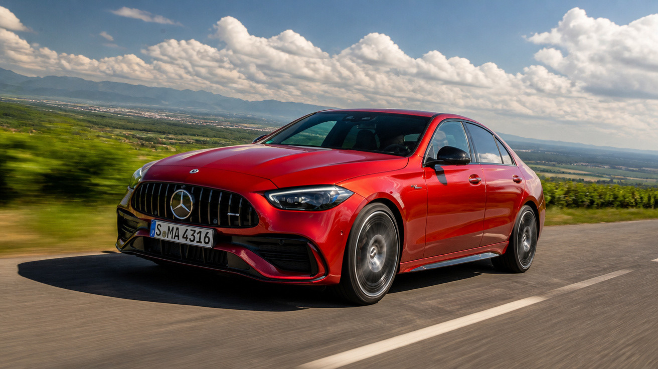 Carro esportivo Mercedes-Benz vermelho em estrada com céu azul e montanhas ao fundo durante o dia.