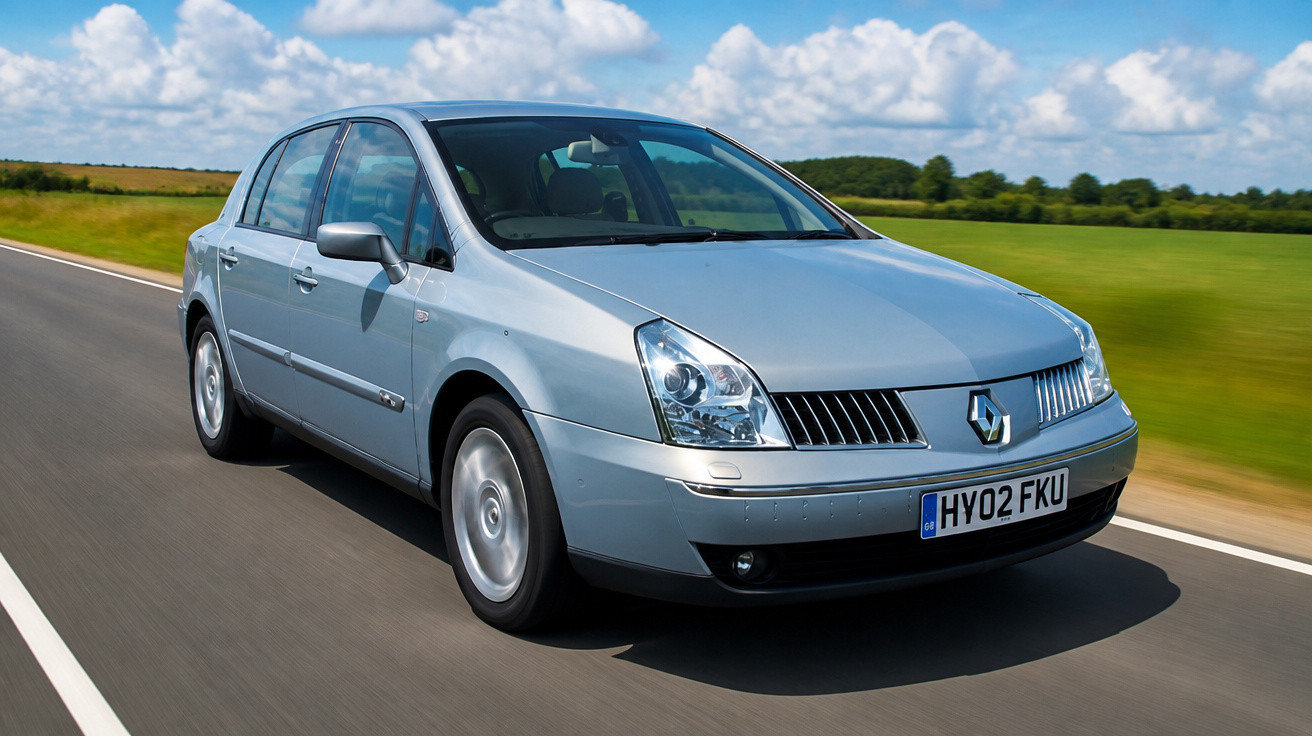 Carro sedan prata da Renault dirigindo em estrada asfaltada com campo verde e céu azul ao fundo.