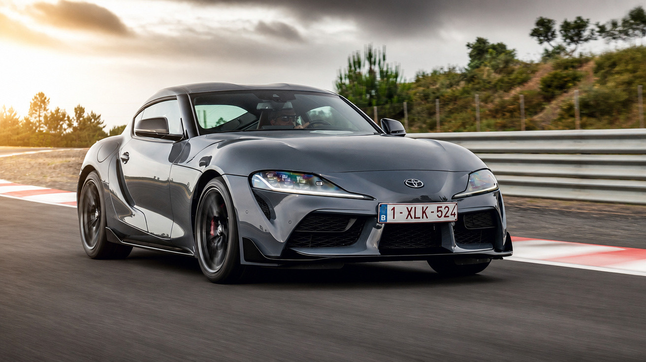 Carro esportivo Toyota Supra cinza em pista de corrida sob céu ao entardecer.