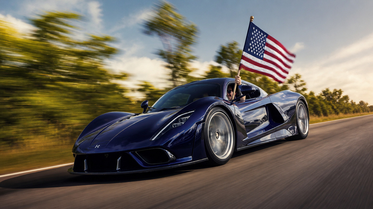 Carro esportivo azul em alta velocidade com pessoa segurando bandeira dos Estados Unidos pela janela.