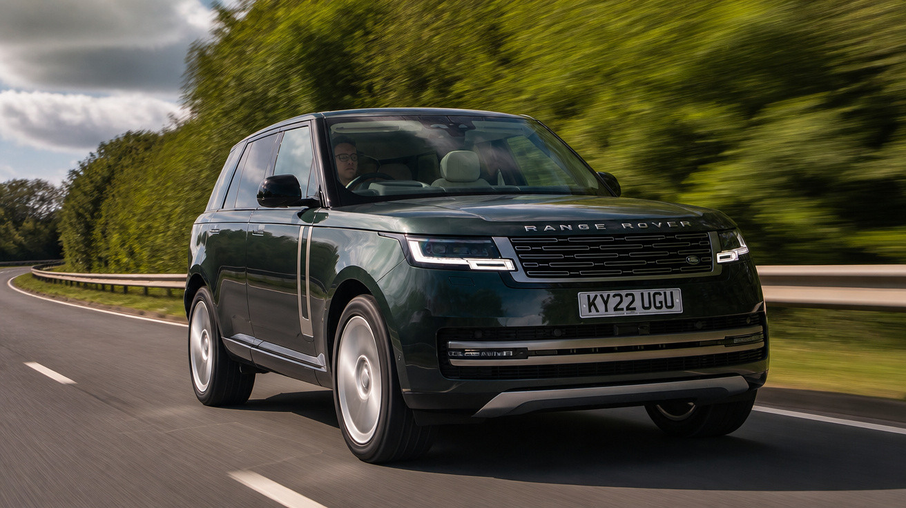 SUV Range Rover preto trafegando em estrada com árvores ao fundo em dia nublado.