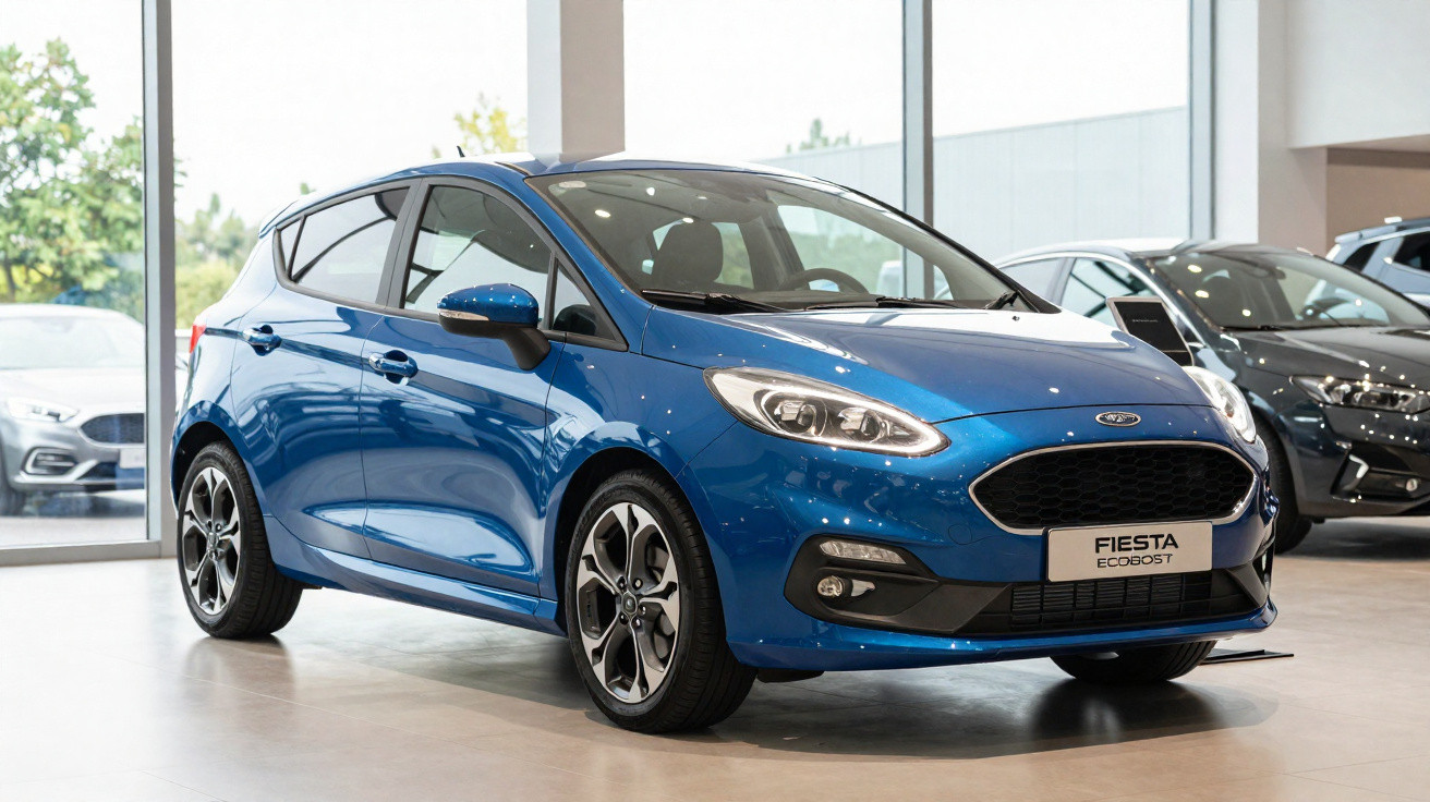 Carro hatchback azul Ford Fiesta EcoBoost exibido em showroom com janelas grandes ao fundo.