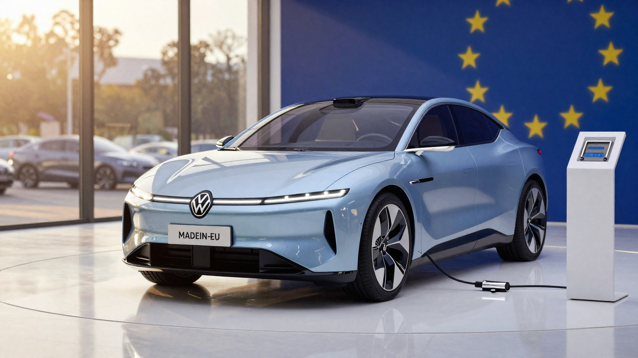 Carro elétrico azul claro da Volkswagen sendo carregado em showroom com bandeira da União Europeia ao fundo.