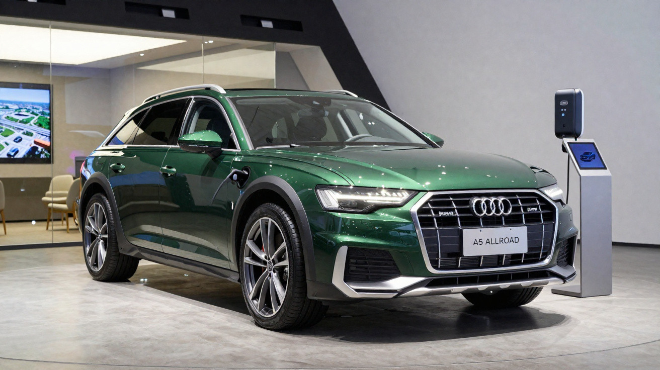 Audi A5 Allroad verde em showroom moderno, próximo a estação de carregamento elétrico.