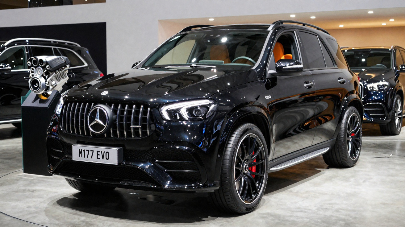 SUV preto Mercedes-Benz M177 EVO em exposição com rodas pretas e detalhes vermelhos.