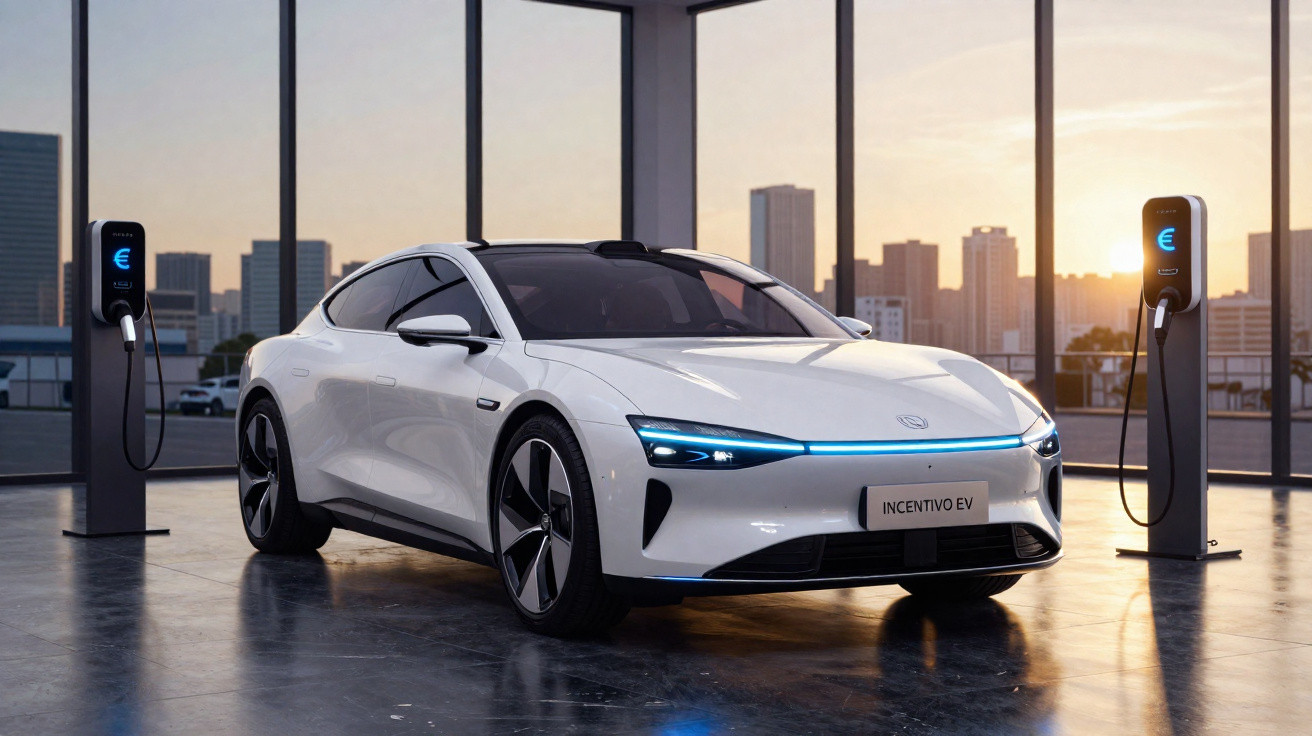 Carro elétrico branco estacionado em garagem moderna com grandes janelas e vista da cidade ao pôr do sol.