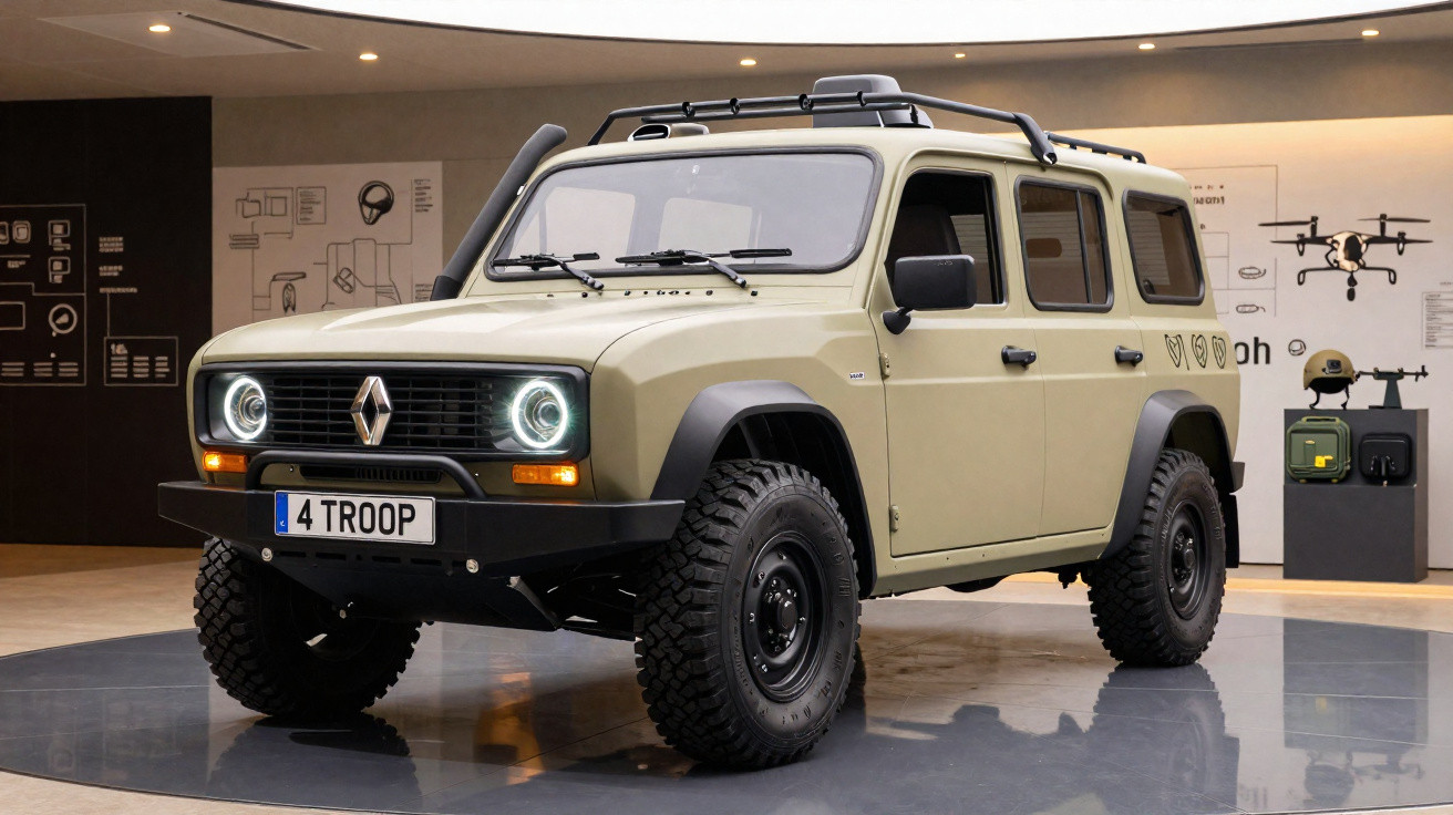 Carro off-road Renault 4 4x4 verde militar exposto em ambiente interno moderno.