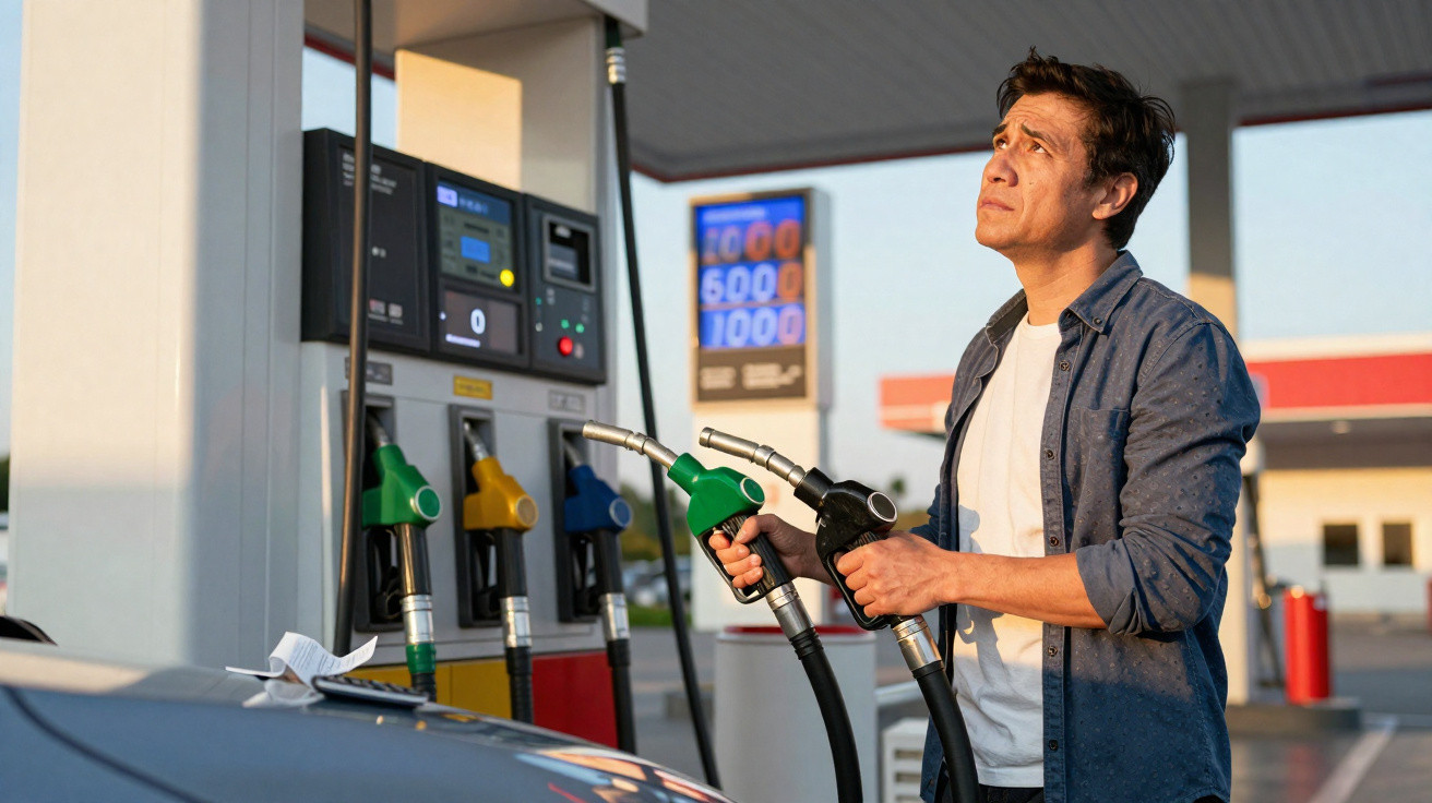 Homem segurando duas bombas de combustível em posto de gasolina, com expressão de dúvida.