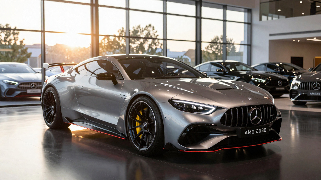 Carro esportivo Mercedes-AMG prata exibido em showroom moderno com grande janela e luz natural ao fundo.