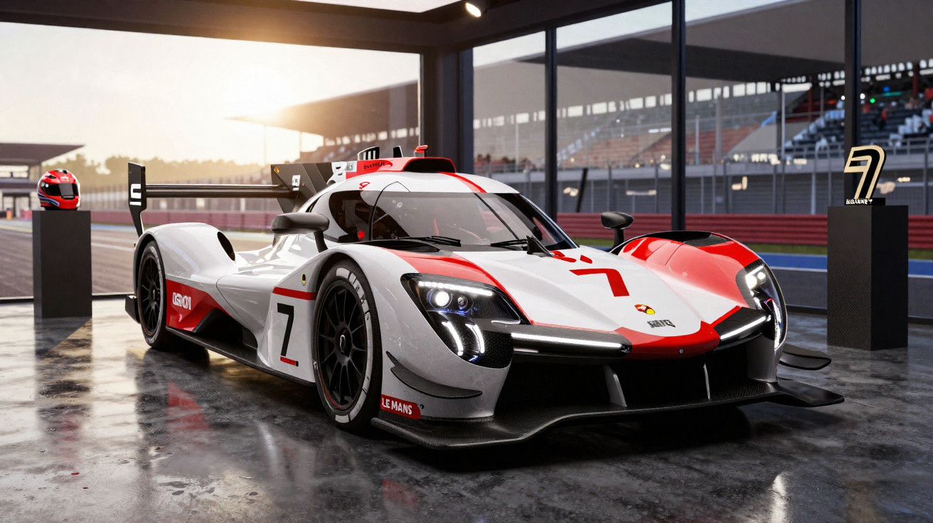 Carro de corrida branco e vermelho com número 7 em pit stop de autódromo ao pôr do sol.
