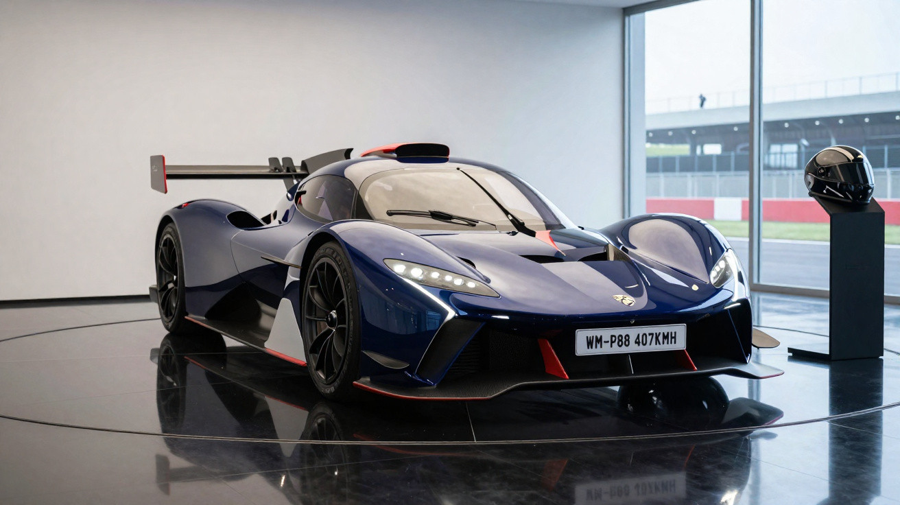 Carro esportivo azul escuro em exposição interna com capacete preto ao lado e grande janela ao fundo.