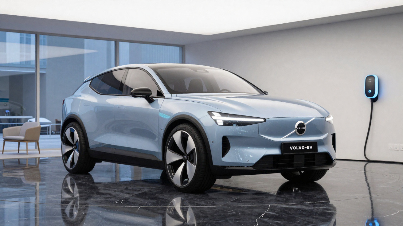 Carro elétrico Volvo EV azul estacionado em garagem moderna com parede branca e estação de recarga.