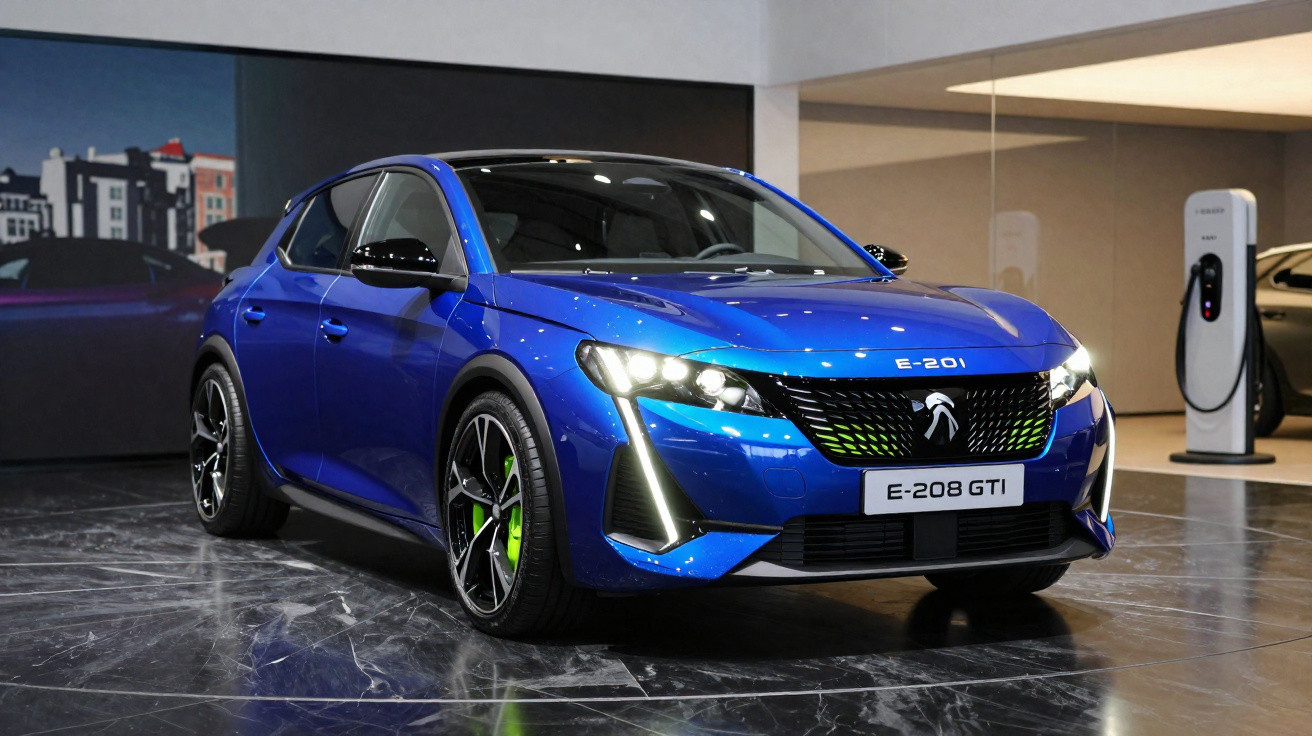 Carro elétrico Peugeot E-208 GTI azul em exposição com carregador elétrico ao fundo em ambiente interno.