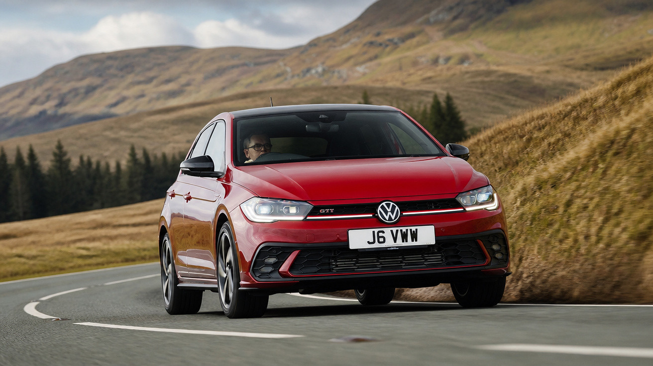 Carro vermelho Volkswagen GTI circulando em estrada sinuosa com colinas e árvores ao fundo.