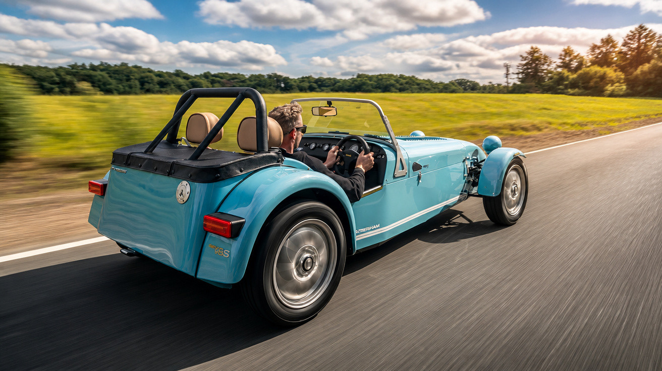 Carro esportivo conversível azul com motorista andando em estrada cercada por vegetação e céu com nuvens.