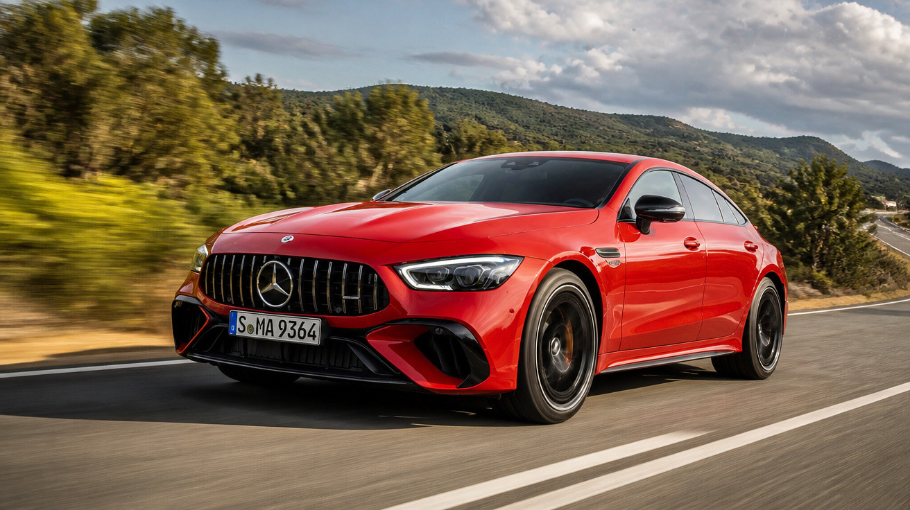 Carro esportivo Mercedes-Benz vermelho circulando em estrada cercada por vegetação e montanhas.
