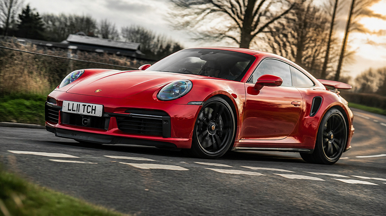 Carro esportivo vermelho Porsche 911 GT3 em curva de estrada durante o pôr do sol.