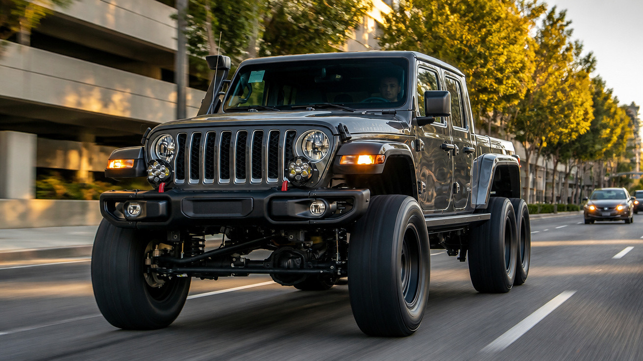 Jeep Gladiator modificado com seis rodas pretas rodando em estrada urbana com árvores ao lado.
