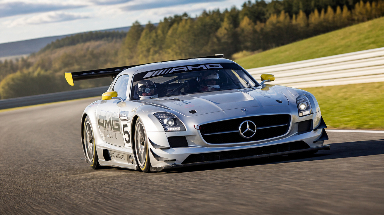 Carro de corrida Mercedes AMG prata com detalhes amarelos em pista sob céu azul e árvores ao fundo.