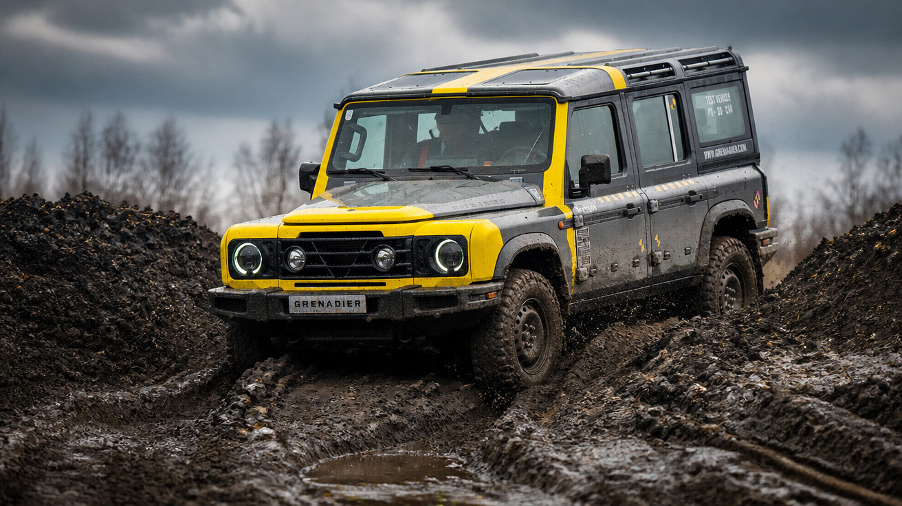 Veículo off-road amarelo e preto atravessando terreno lamacento sob céu nublado.