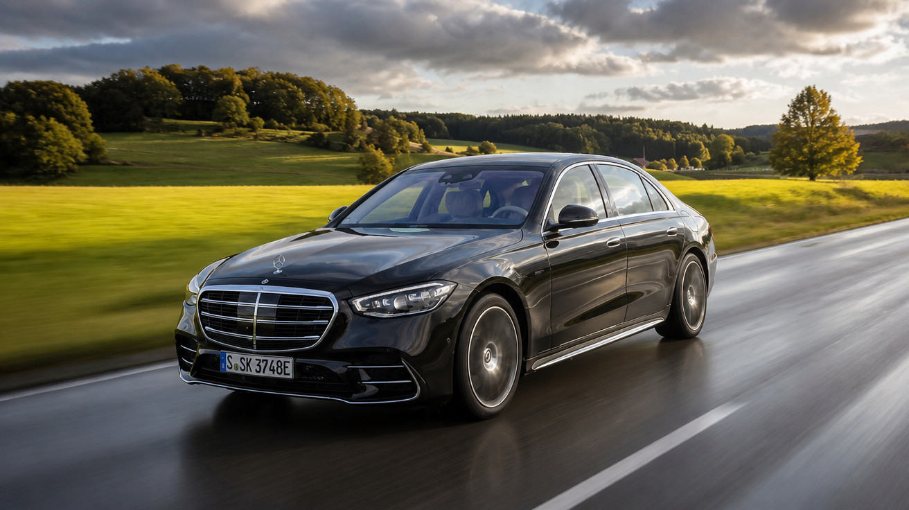 Carro preto Mercedes-Benz sedan dirigindo em estrada molhada com paisagem verde e céu nublado.