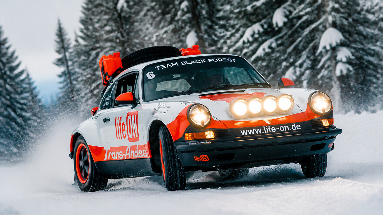 Carro de rally branco e laranja com faróis acesos dirigindo na neve em floresta coberta de gelo.
