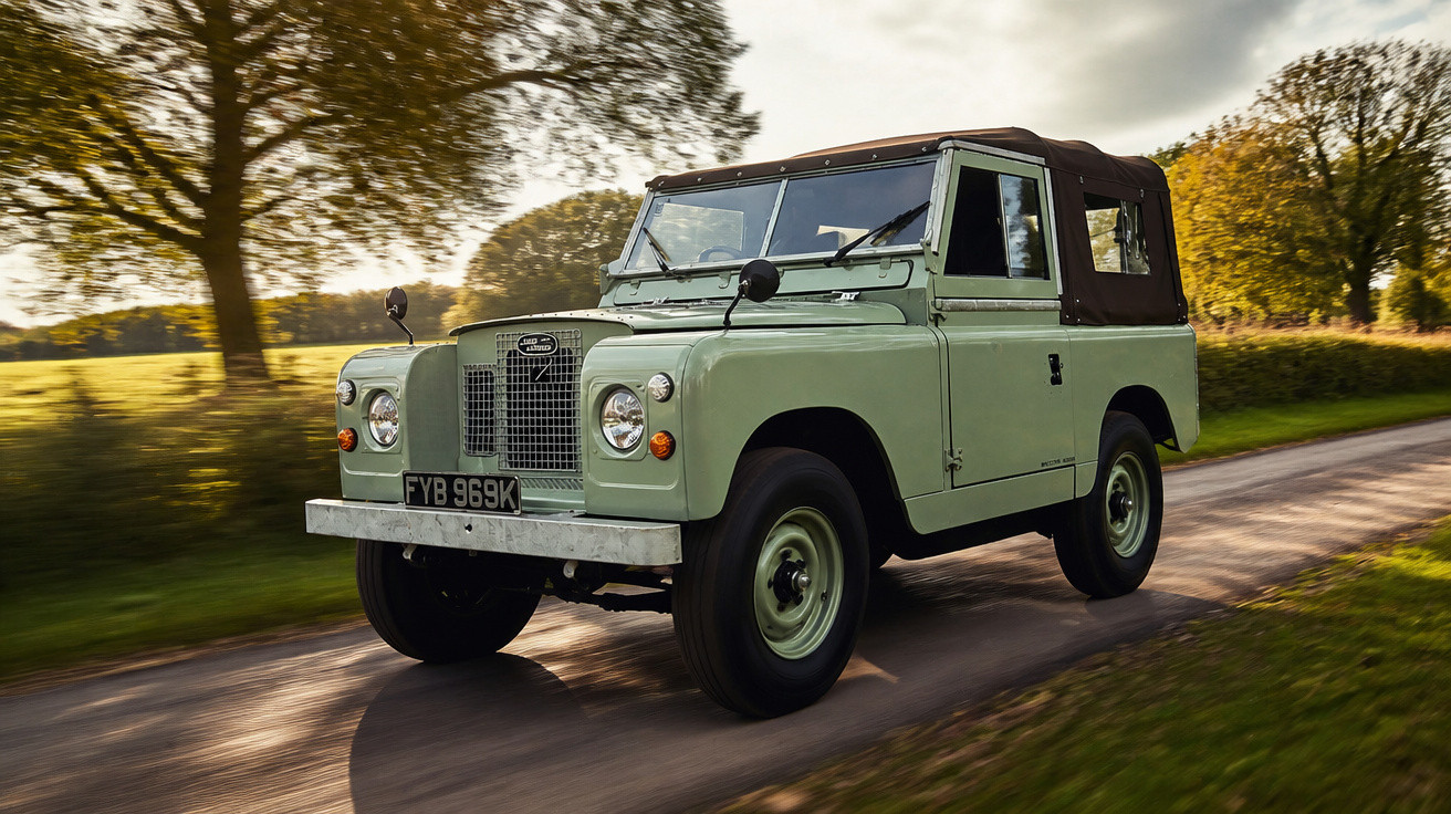 Carro clássico Land Rover verde com capota marrom dirigindo em estrada rural ao pôr do sol.