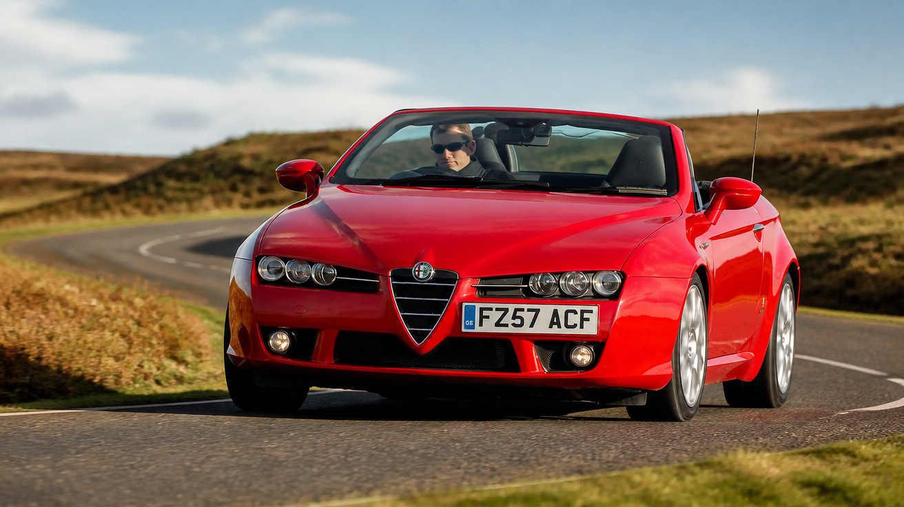 Carro conversível vermelho Alfa Romeo com motorista usando óculos escuros em estrada sinuosa.
