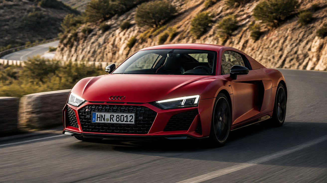 Carro esportivo Audi R8 vermelho dirigindo em estrada sinuosa próxima a montanha.