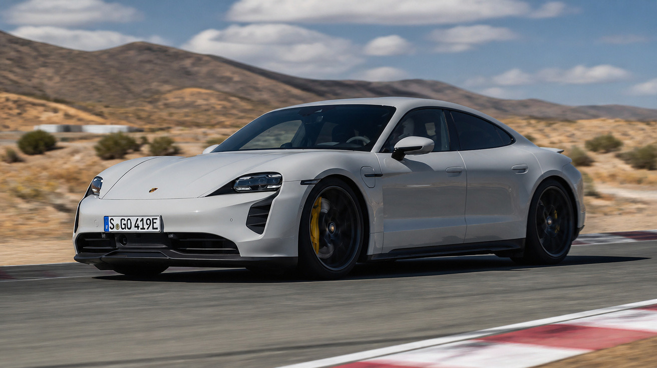 Carro esportivo branco Porsche Taycan em pista de corrida com montanhas ao fundo em dia ensolarado.
