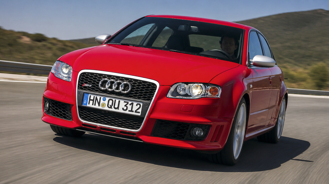 Carro esportivo Audi RS4 vermelho em movimento em estrada sinuosa com motorista ao volante.