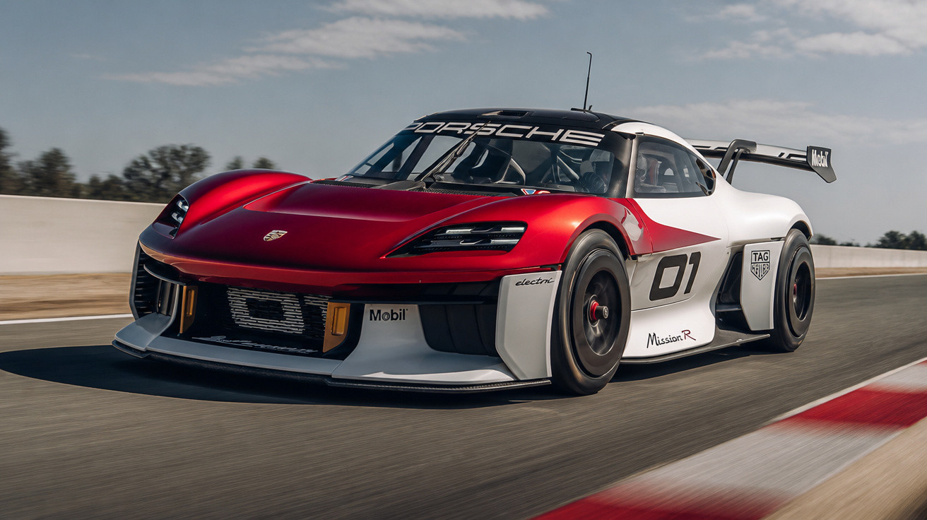 Carro de corrida elétrico Porsche Mission R branco e vermelho em pista de corrida.