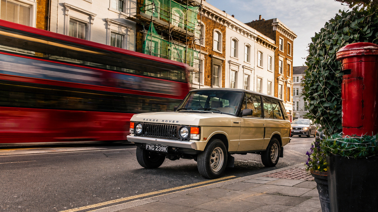 Carro Range Rover antigo estacionado em rua urbana com ônibus vermelho passando e caixa de correio vermelha.