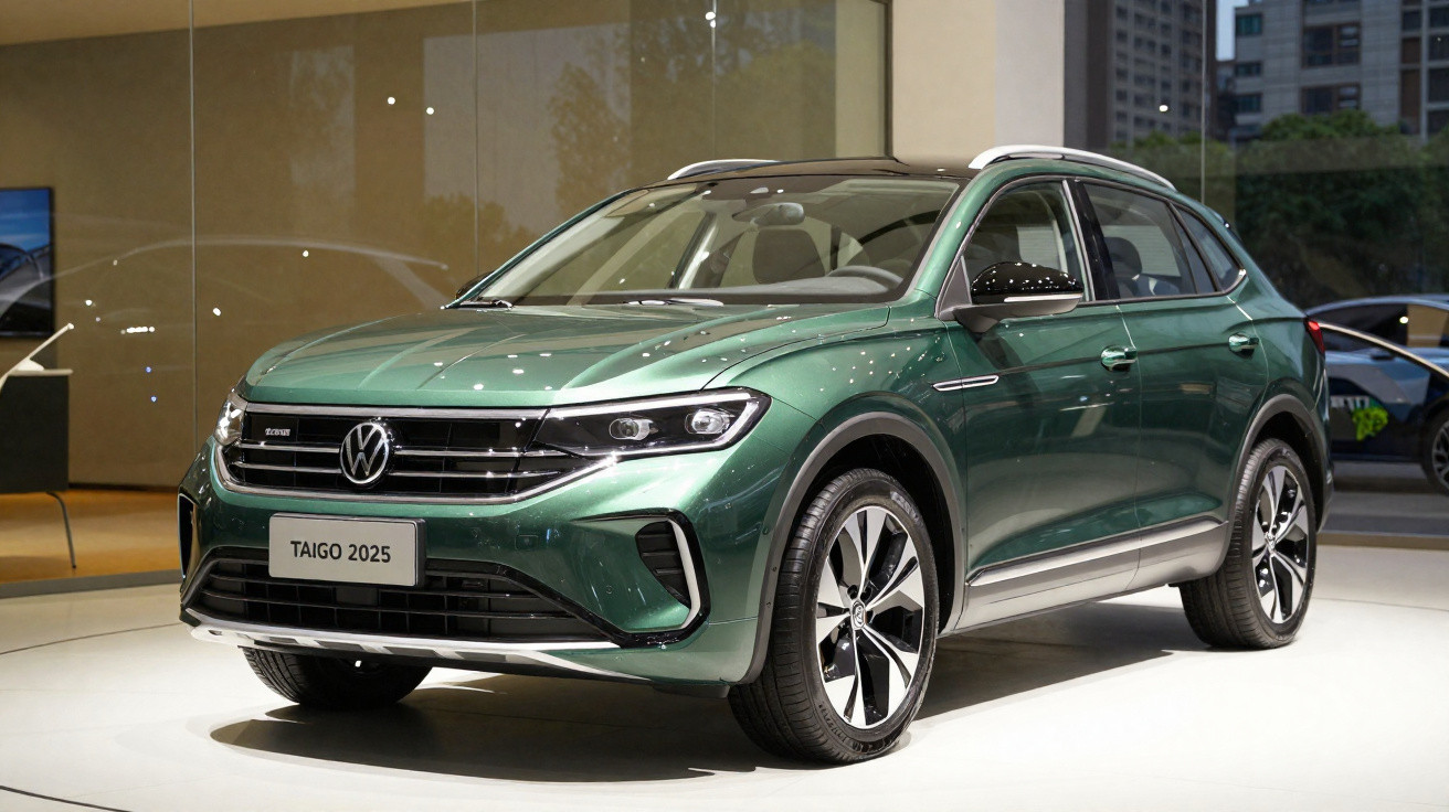 Carro Volkswagen Taigo 2025 verde exposto em ambiente interno moderno e iluminado.