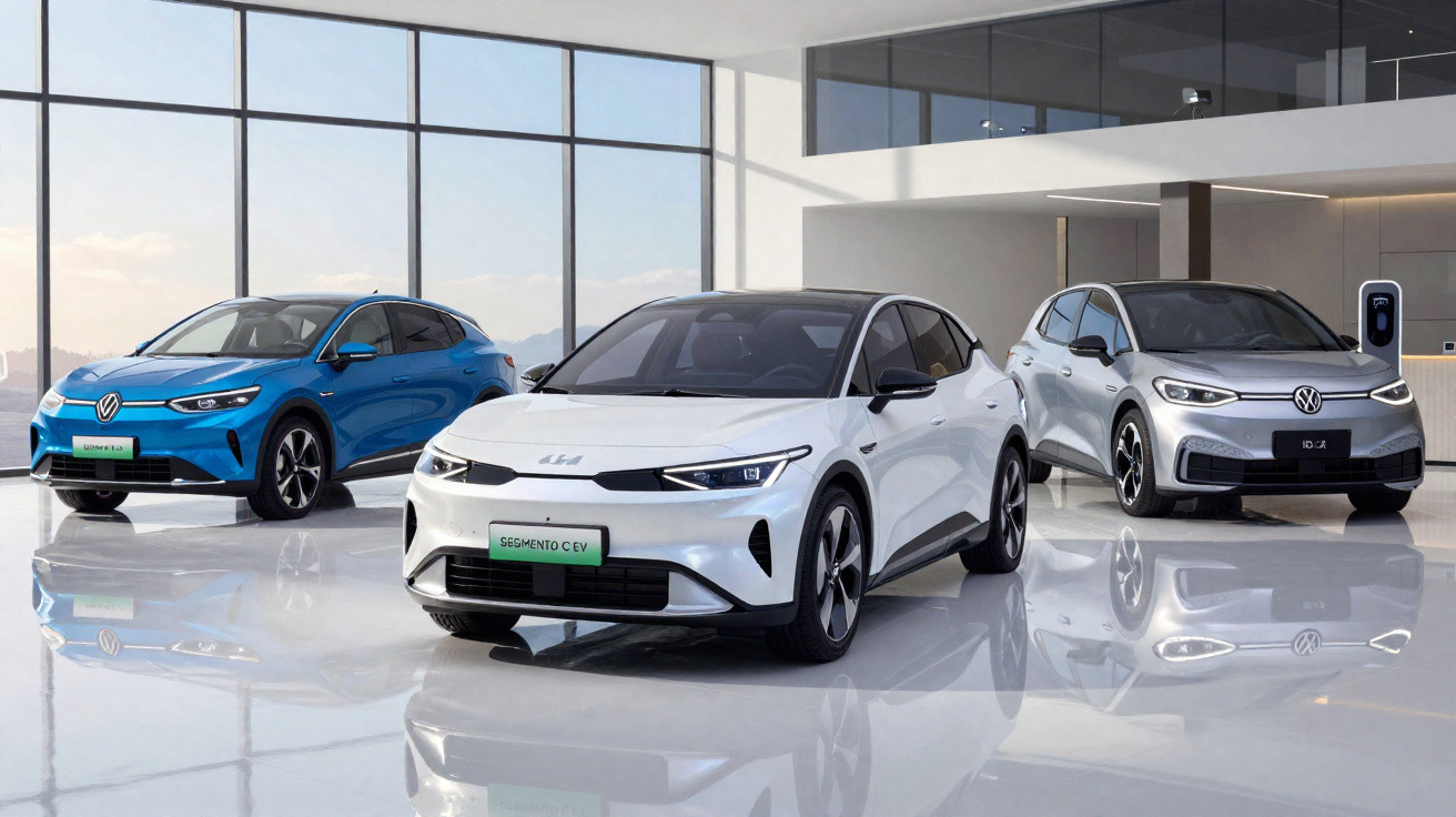 Três carros elétricos estacionados em ambiente interno moderno com paredes de vidro e piso branco brilhante.