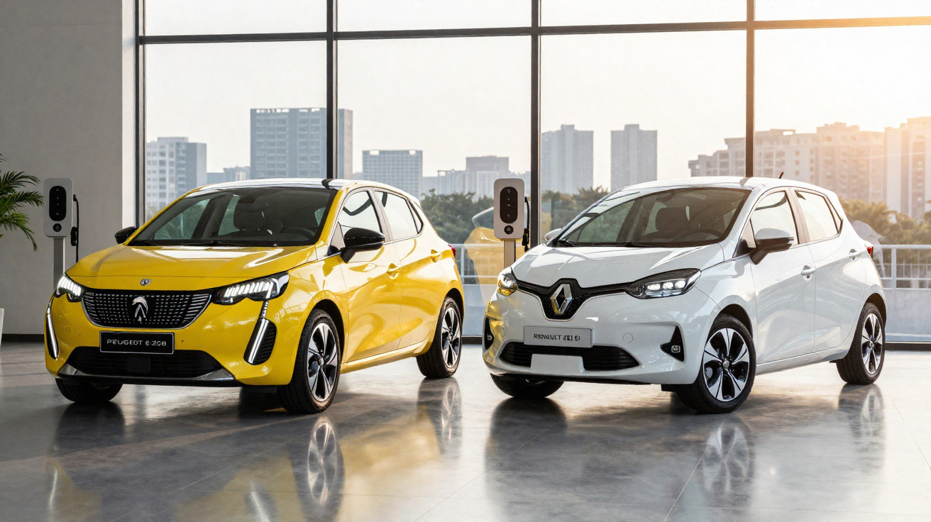 Dois carros elétricos compactos, Peugeot amarelo e Renault branco, em ambiente interno com painéis de vidro ao fundo.