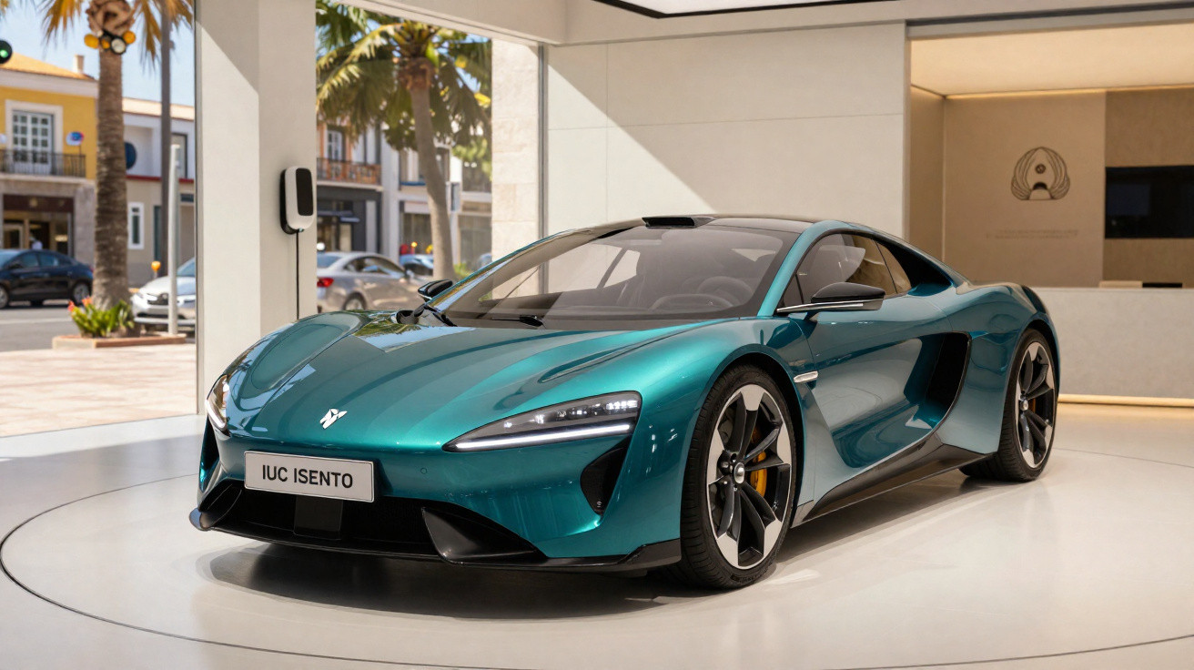 Carro esportivo verde metálico em showroom com design aerodinâmico e detalhes modernos.