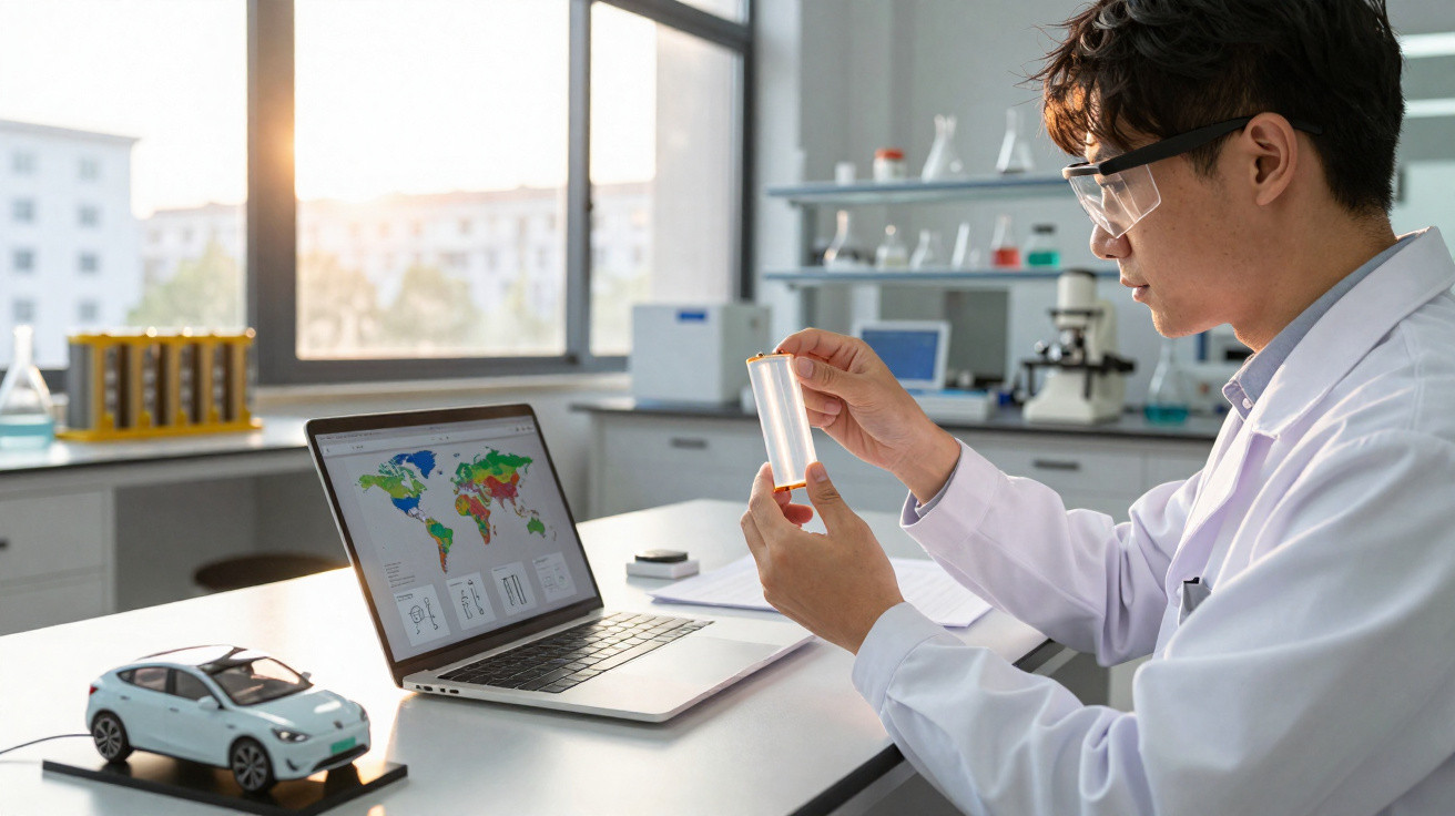 Cientista em laboratório analisando tubo de ensaio, com laptop mostrando mapa colorido e modelo de carro sobre a mesa.