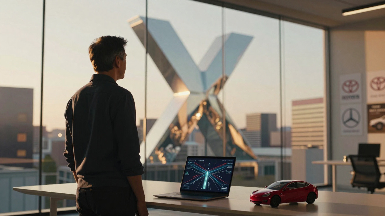 Homem observa maquete de carro vermelho e laptop em escritório com vista para cidade ao pôr do sol.