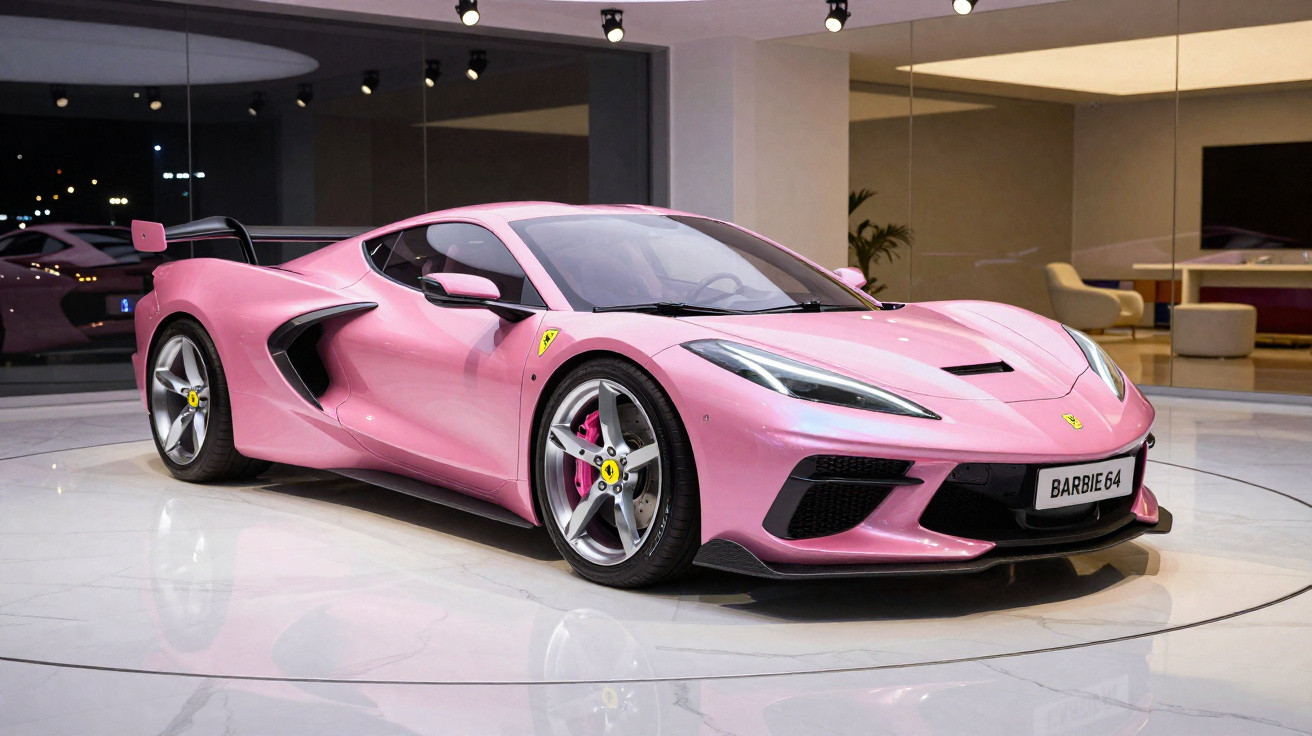 Carro esportivo Ferrari rosa modelo moderno exibido em showroom com piso branco e iluminação interna.