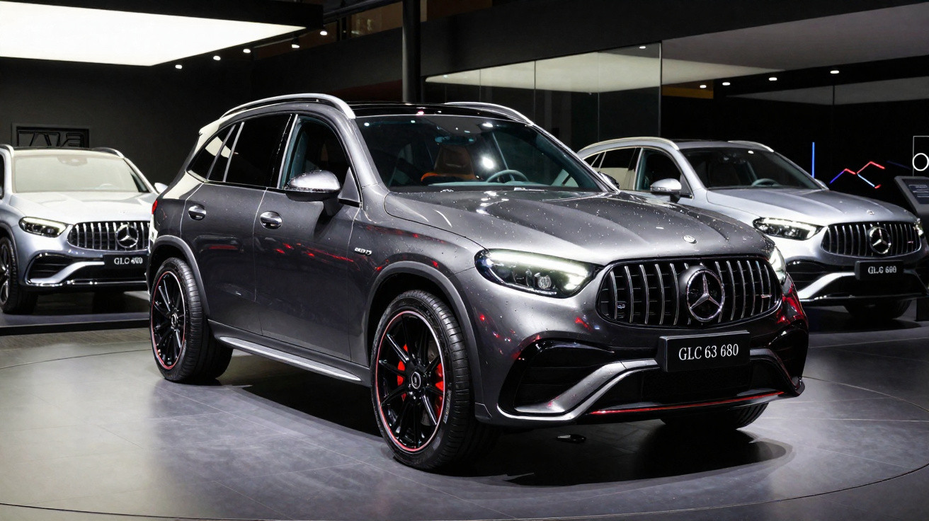 SUV Mercedes-Benz GLC 63 680 cinza escuro em exposição com dois outros carros ao fundo.