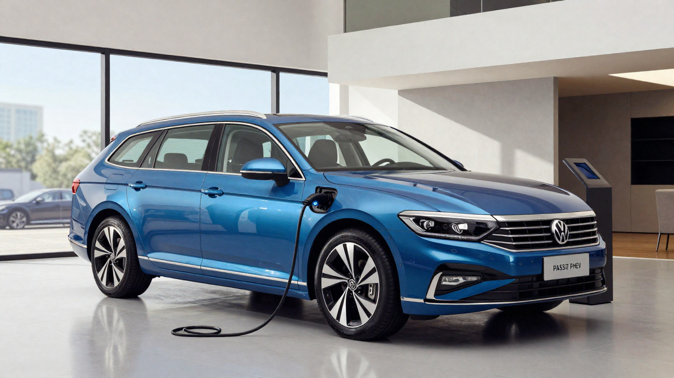 Carro elétrico Volkswagen Passat PHEV azul carregando em ambiente interno moderno.