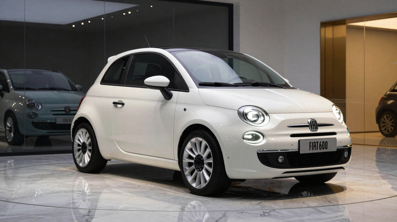 Carro Fiat 600 branco estacionado em show-room com piso de mármore refletivo.