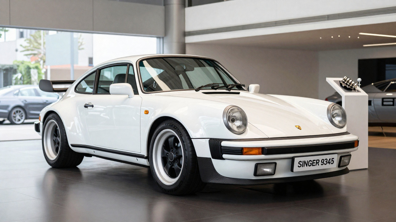 Carro esportivo Porsche clássico branco estacionado em ambiente interno moderno.