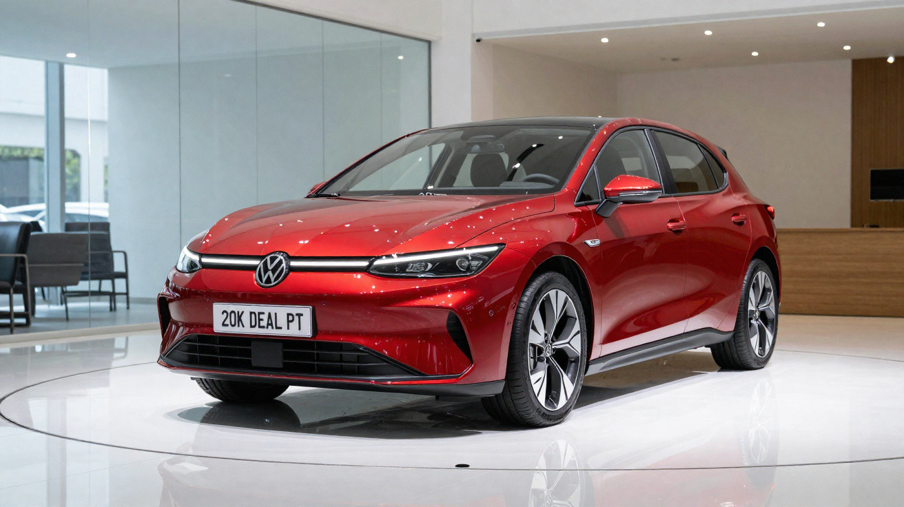 Carro elétrico vermelho Volkswagen exibido em showroom moderno com piso branco e iluminação suave.
