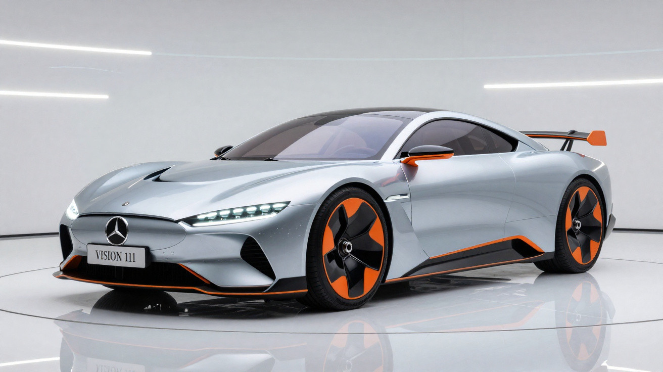 Carro esportivo Mercedes Vision 111 prata com detalhes em laranja em estúdio branco minimalista.